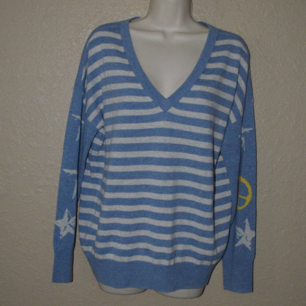 NWOT Sz M Label + Thread Blue Striped Cashmere V Neck Sweater
